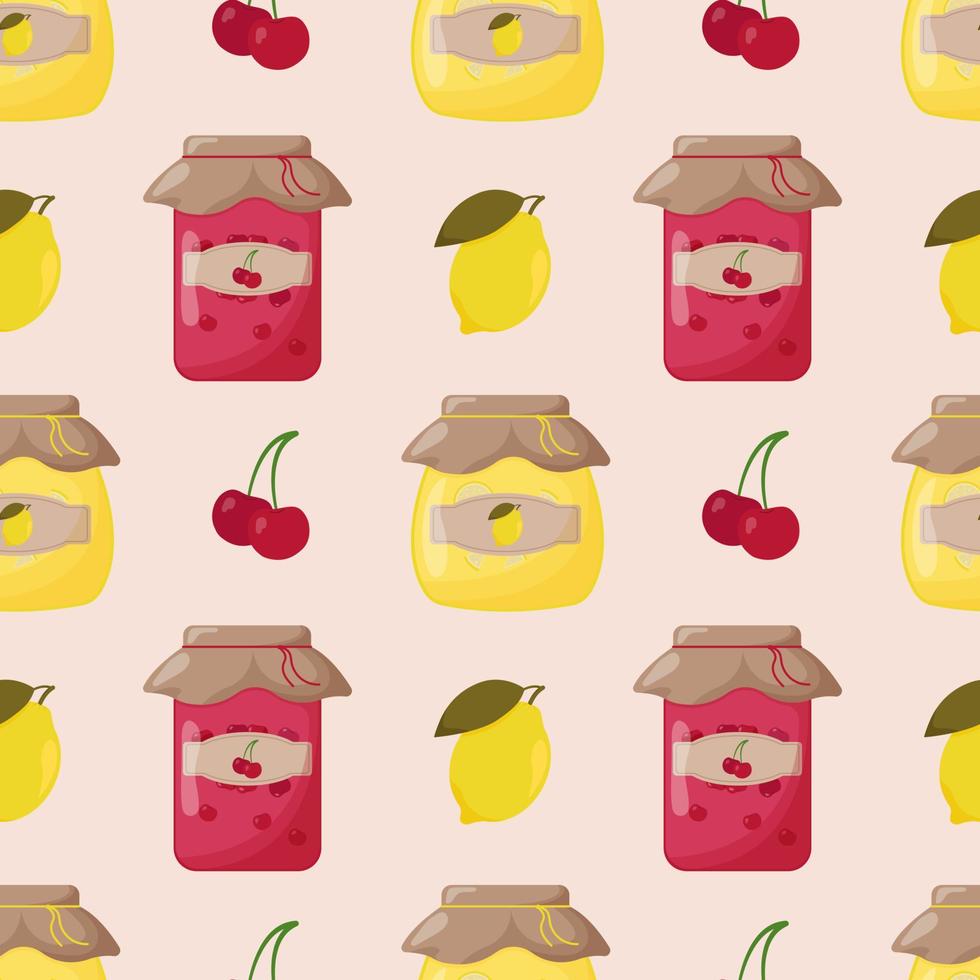 Glass jars of jam made of cherry and lemon with a closed lid seamless pattern. Cute vector illustration.