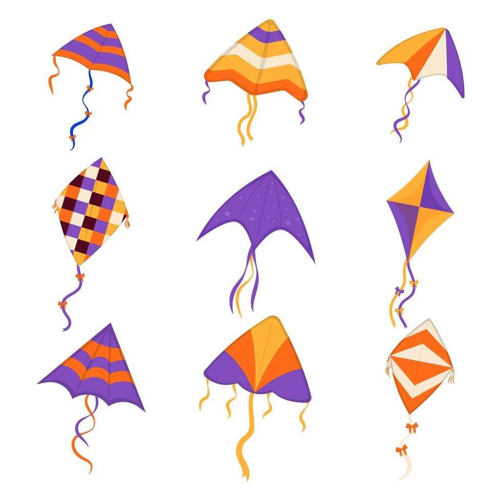 Set of flying wind kites. Makar Sankranti festival. Wind kite game. vector