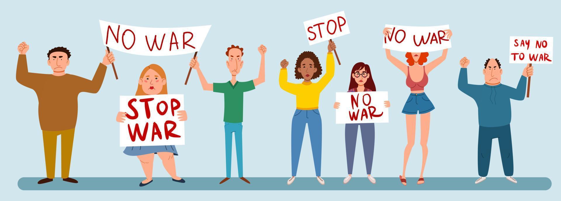 Protesting crowd of people with posters No to war. vector illustration