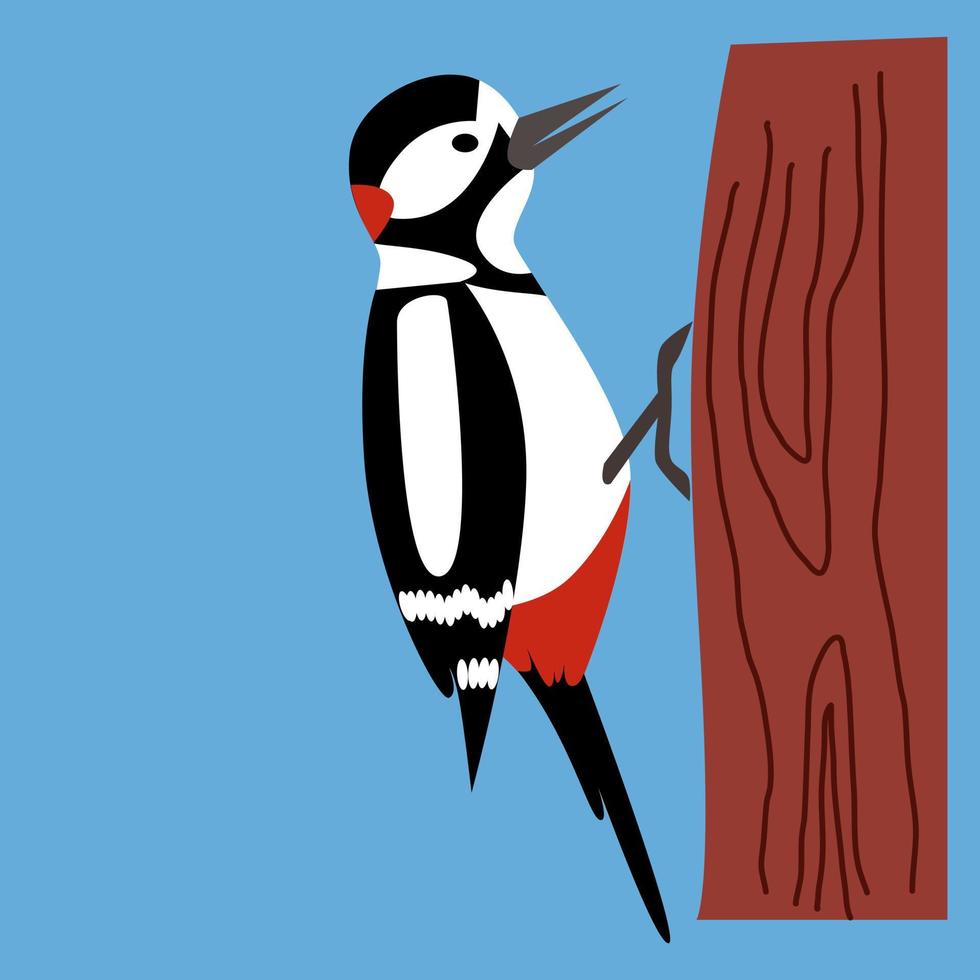 Vector illustration of woodpecker on a tree in flat style,