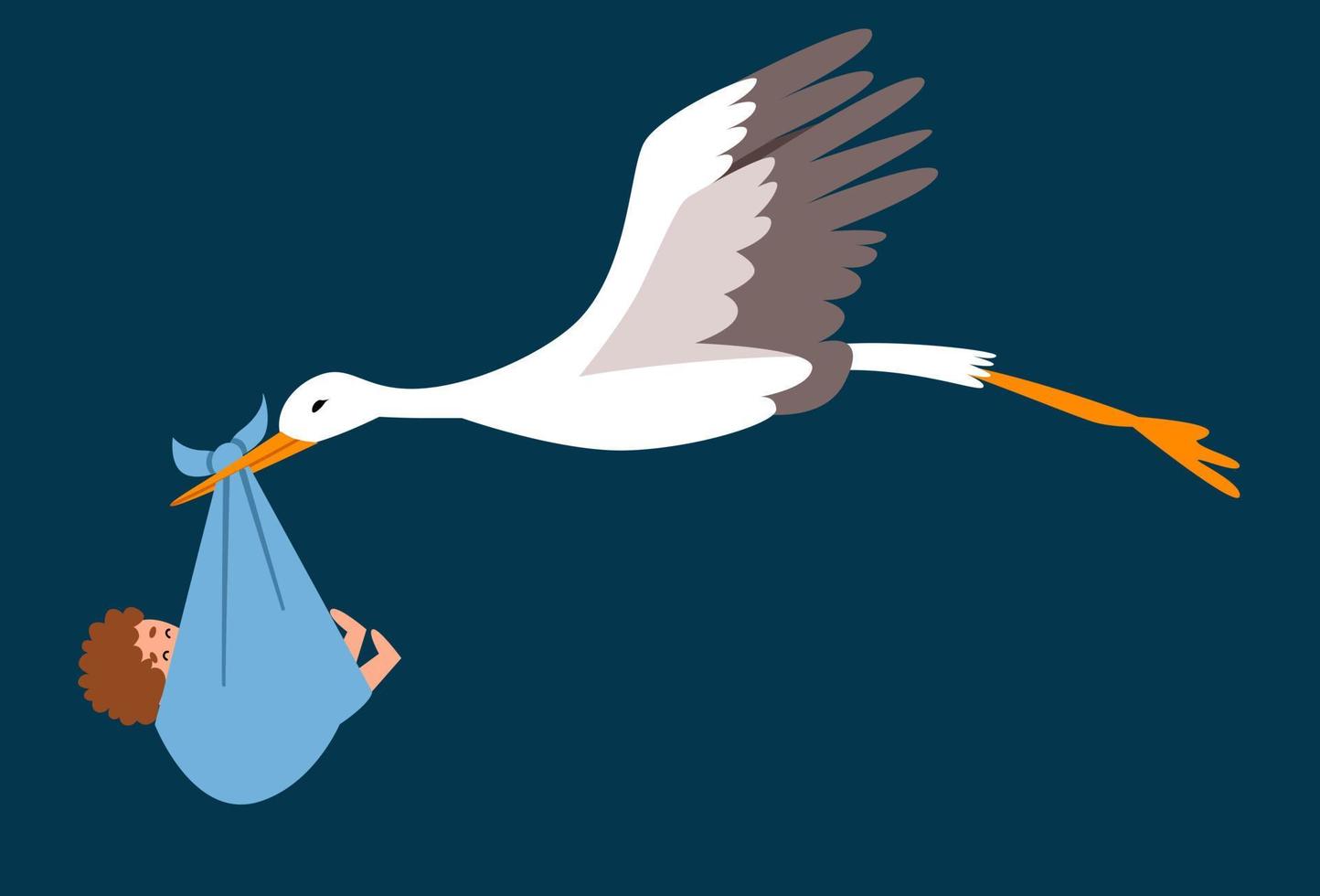 vector illustration of stork in flight with child in flat style,