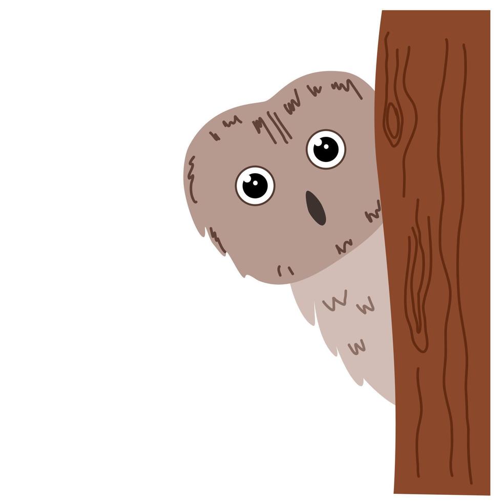 Vector illustration of an owl peeking out from behind a tree in a flat style