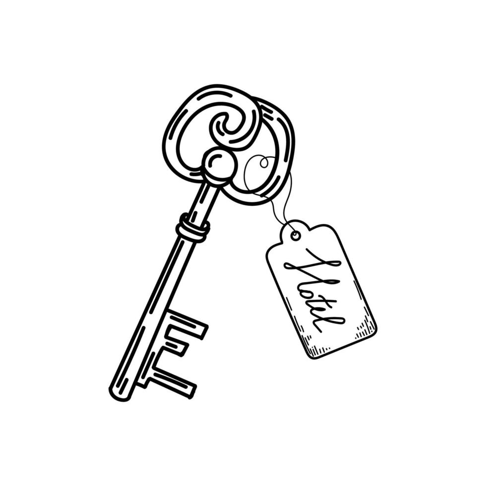 Vintage hotel key, hand-drawn doodle style. Decorative key. Icon. Simple vector illustration