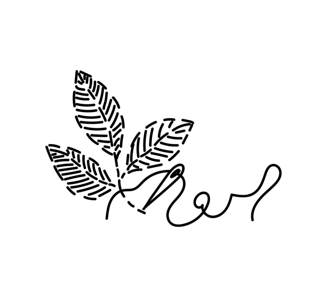 garabato bordado, dibujado a mano en estilo boceto. aguja e hilo. hojas bordadas. hecho a mano. hilo. ilustración vectorial sencilla vector