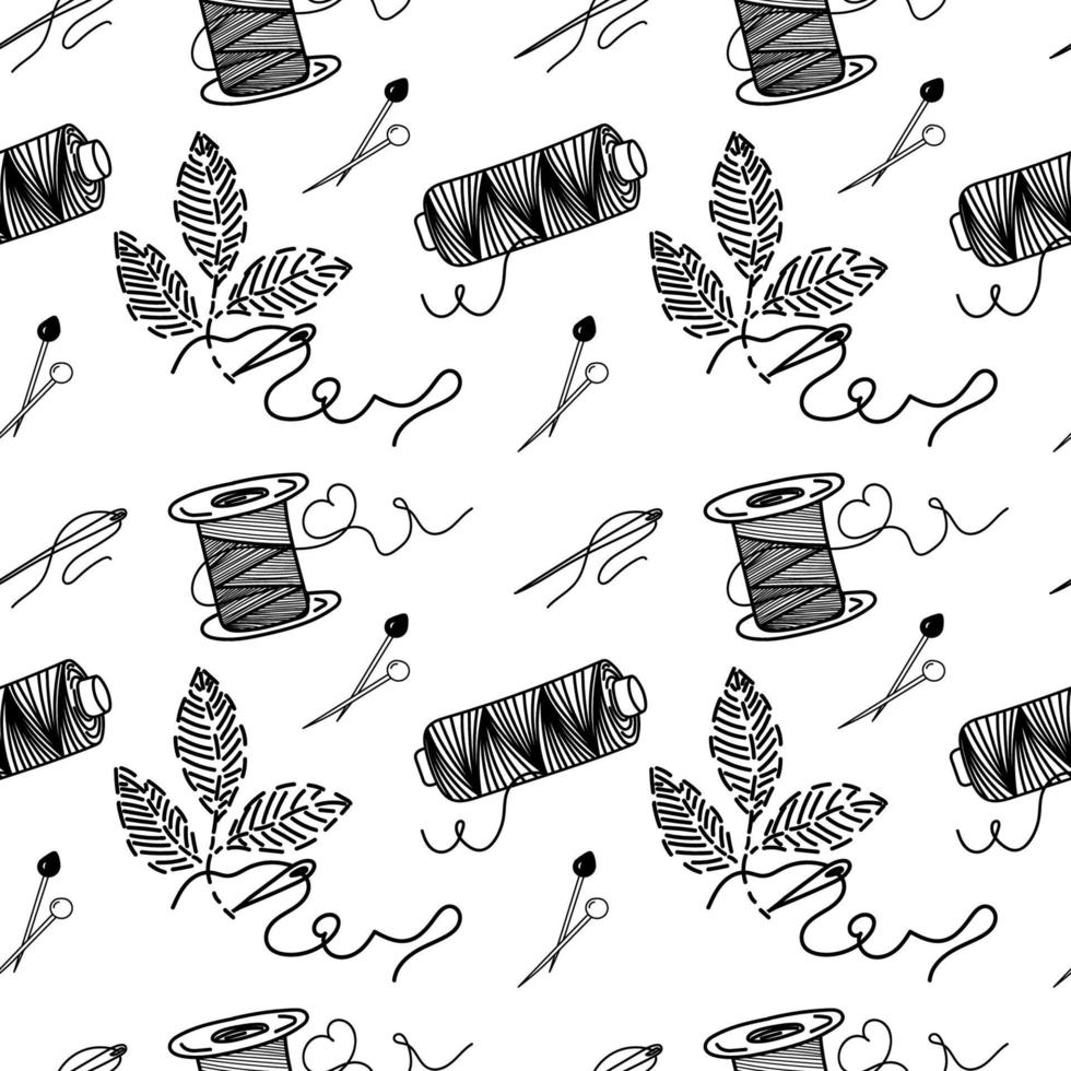 Seamless pattern of embroidery, thread, needles and pins, hand-drawn doodle elements in sketch style. Embroidered leaves. Sewing. Embroidery. Thread. Handmade. Vector