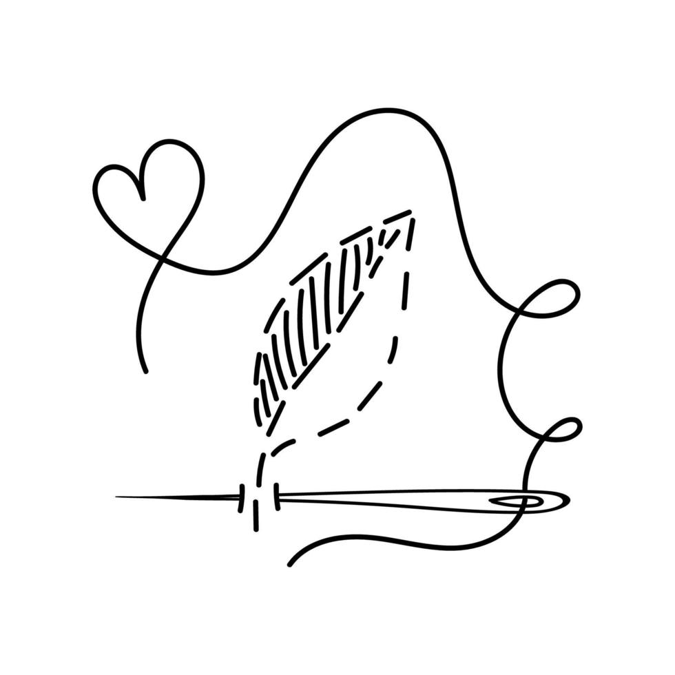 Embroidered leaves, hand-drawn doodles in sketch style. Needle and thread. Embroidery. Handmade. Thread. Vector simple illustration