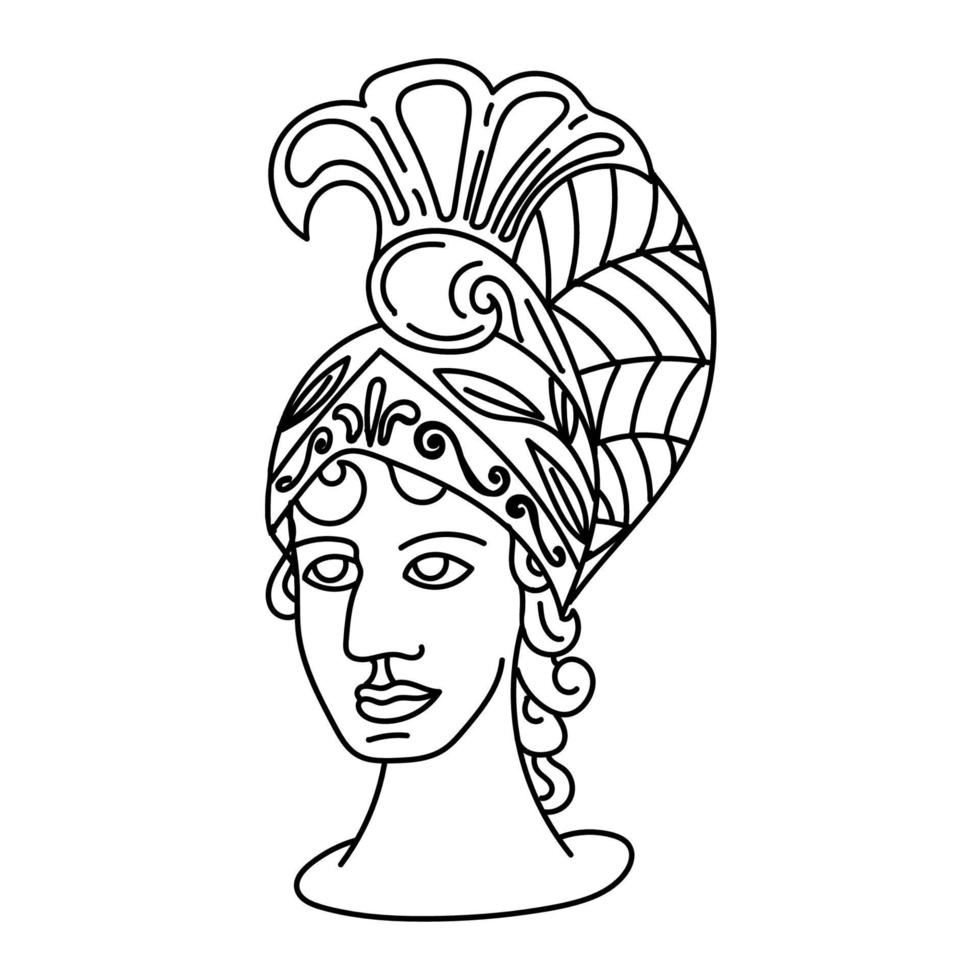 Head of a Greek statue, hand-drawn in sketch style. Head of Athena. Piraeus statues. Goddess of wisdom, military strategy. Greece. Ancient statues. Gods. Vector simple illustration