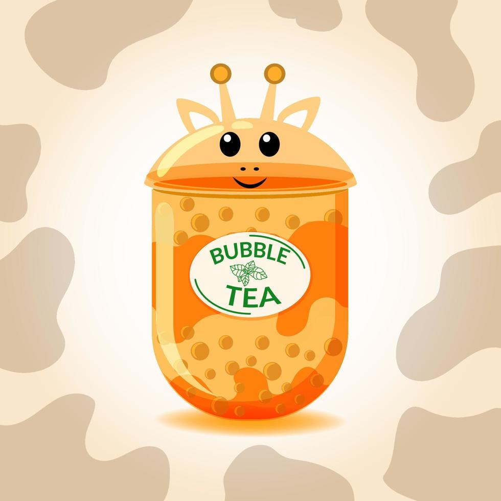 A stylized cup of sweet bobble tea. Little giraffe. Spots. Orange animal and drink. Tea with tapioca pearls. Asian Taiwanese drink. Colorful colorful fashion vector illustration. Cartoon style. Flat