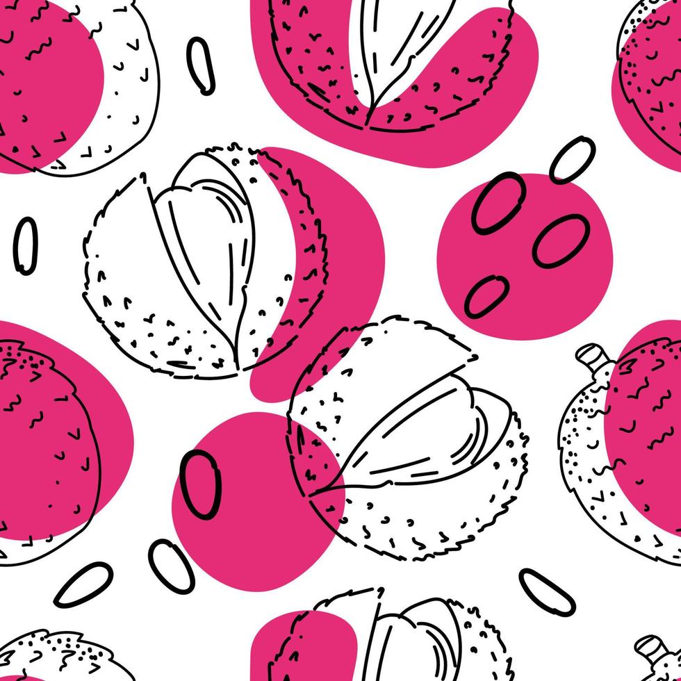 dibujo impecable de una fruta exótica de litchi y una mancha de estilo boceto dibujada a mano. lychee. manchas rosadas abstractas. Fruta. ilustración vectorial sencilla vector