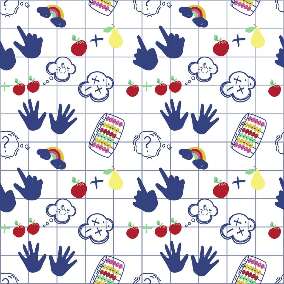 Seamless element template for mental math school on white background. Math course and creative kids. Finger counting and fruit. Math. Wooden counting. Modern design background vector illustration