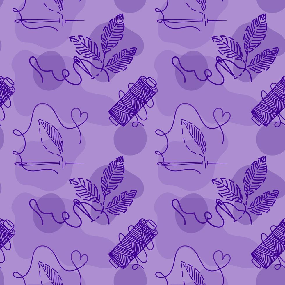 Seamless pattern of embroidered leaves, hand-drawn doodles in sketch style. Reel of thread. Needle and thread. Embroidery. Handmade. Thread. Fancy purple palette illustration vector