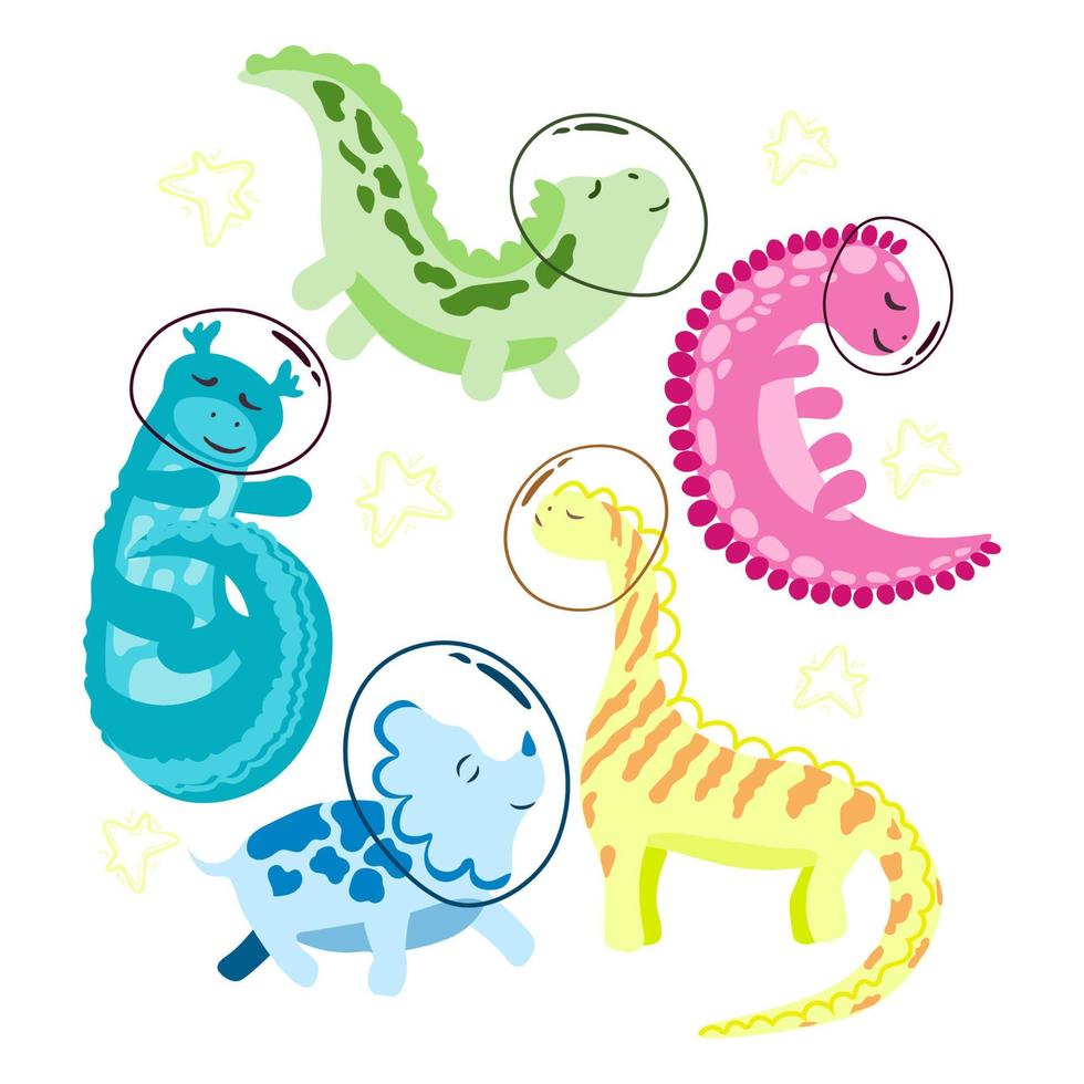 Set of cute dinosaur astronauts. Vector in cartoon style. Dinosaurs in space. Multicolored animals with stars on white background