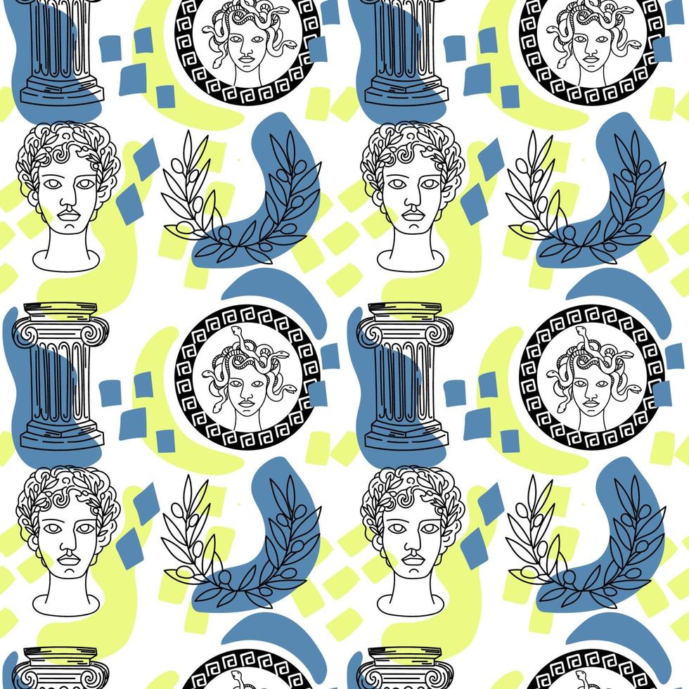 A seamless pattern of a bust of Perseus and a coin depicting Medusa Gorgon. Hand-drawn sketch-style doodle elements. The feat of Perseus. Greece. Laurel wreath on white background vector