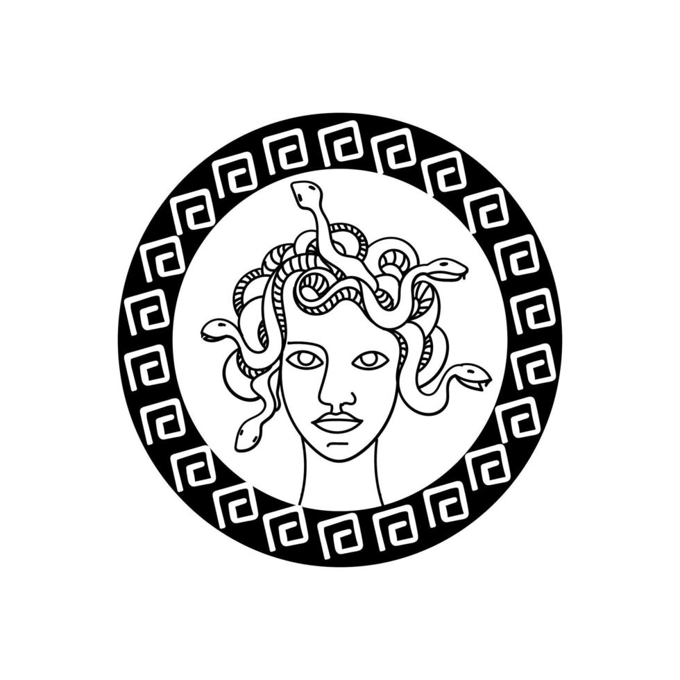 Gorgon Medusa, a hand-drawn sketch-style doodle. Gorgon head. Medusa. Snakes instead of hair. Ancient Greece and Rome. Simple vector illustration