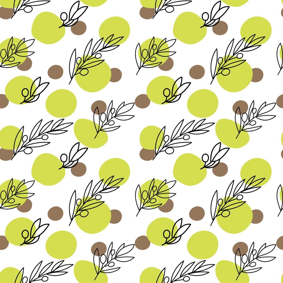 A seamless pattern of olive sprigs, drawn doodle elements in sketch style. Olive with berries and abstract spots on a white background. Olives vector
