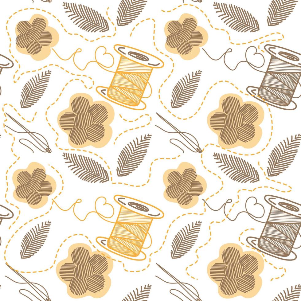 Seamless pattern of thread, needles, and embroidery, hand-drawn doodle elements in sketch style. Sewing thread, needle. Sewing. Embroidery. Flowers and leaves. Handmade. Vector simple illustration