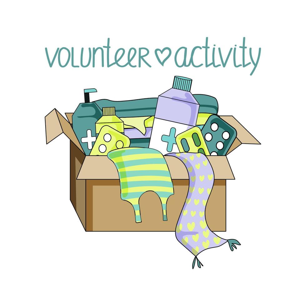 A box of clothes and medicine. Humanitarian aid and charitable donations for refugees, volunteer work. Vector illustration in the style of a flat cartoon.