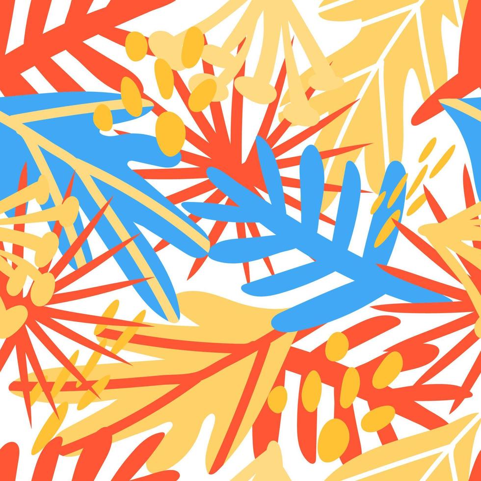 Seamless pattern of abstract tropical elements hand-drawn in doodle style. Monochrome spots in the form of tropical leaves and flowers. Bright colors. Tropics. Summer vector