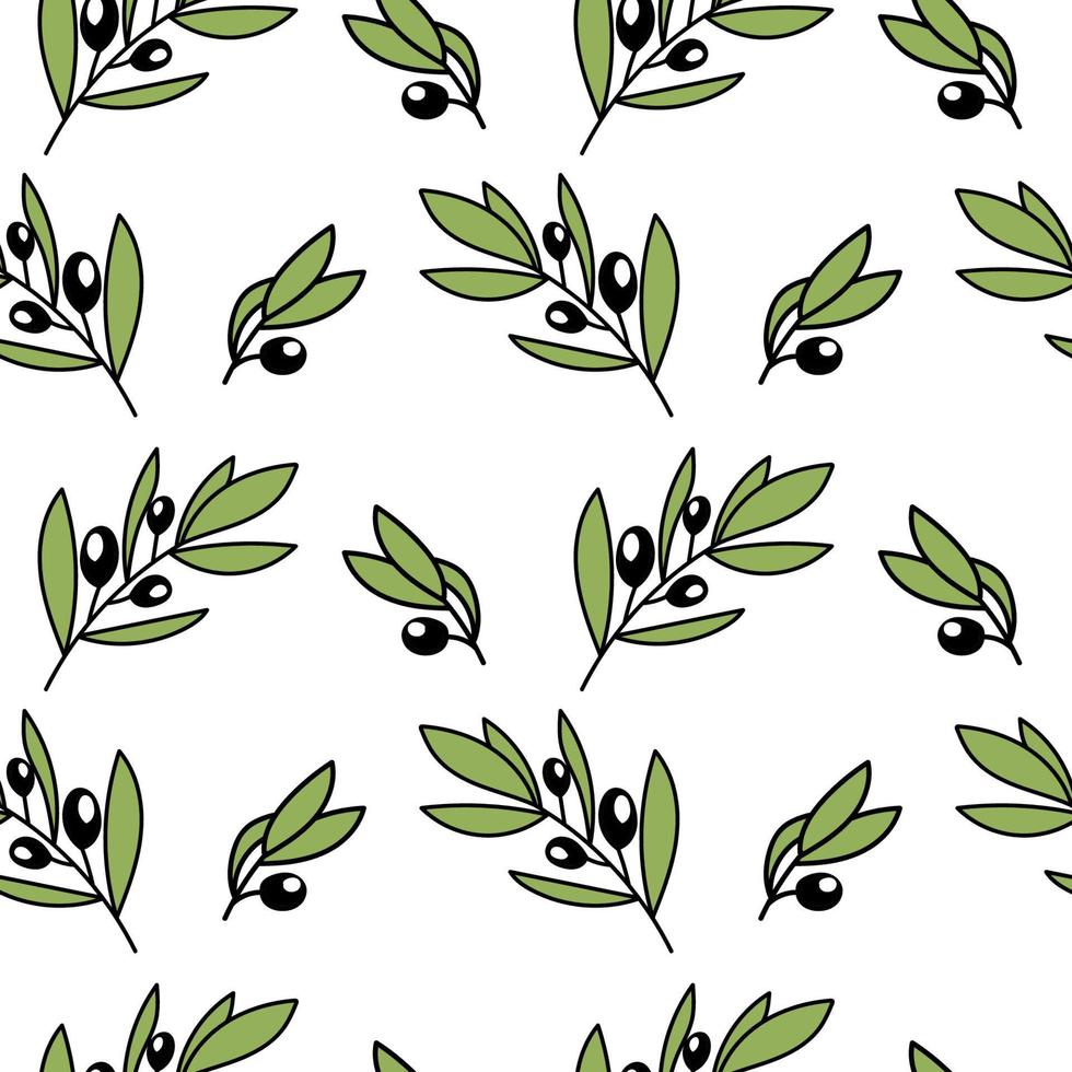 A seamless pattern of olive branches, hand-drawn doodle elements. Olive A symbol of peace and victory. An evergreen tree vector