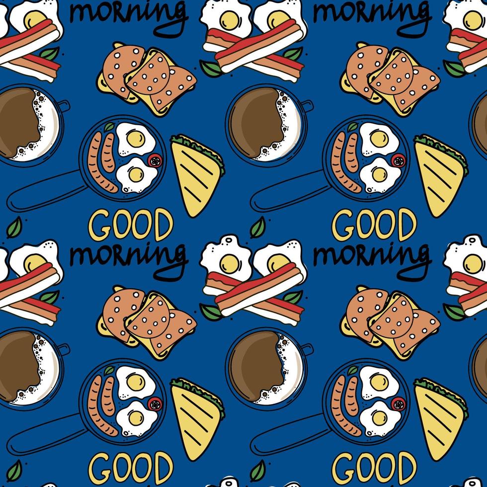 A seamless morning food pattern. Hand-drawn doodle-style elements. Breakfast. Good Morning. Eggs, sausages, sausage sandwiches. Simple vector in doodle style