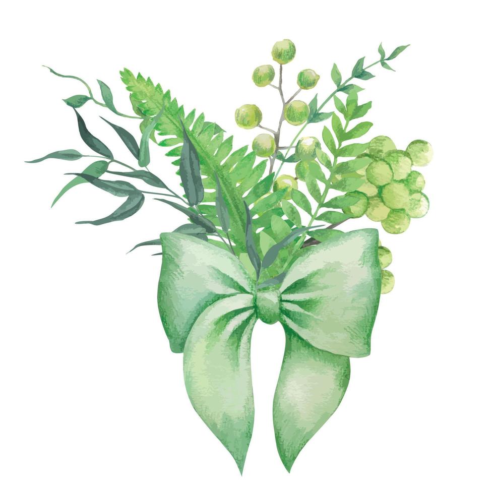 Green ferns and herbs bouquet with green bow, hand drawn vector watercolor illustration