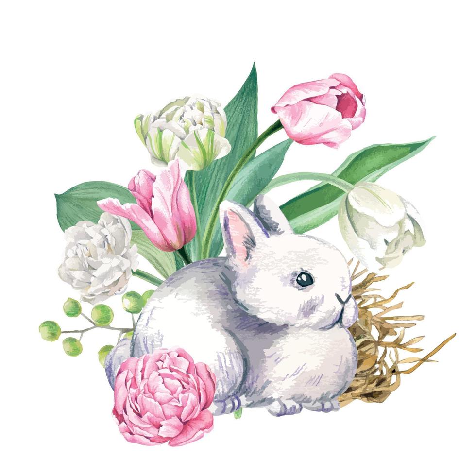 Cute gray rabbit with tulips, Hand drawn vector watercolor illustration