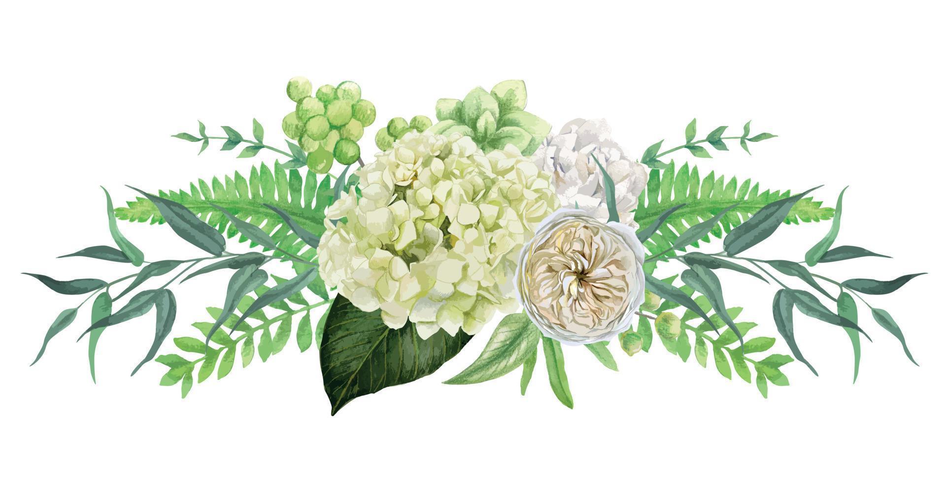 ramo simétrico de flores blancas exuberantes con hojas rosas y verdes, ilustración de acuarela vectorial dibujada a mano vector