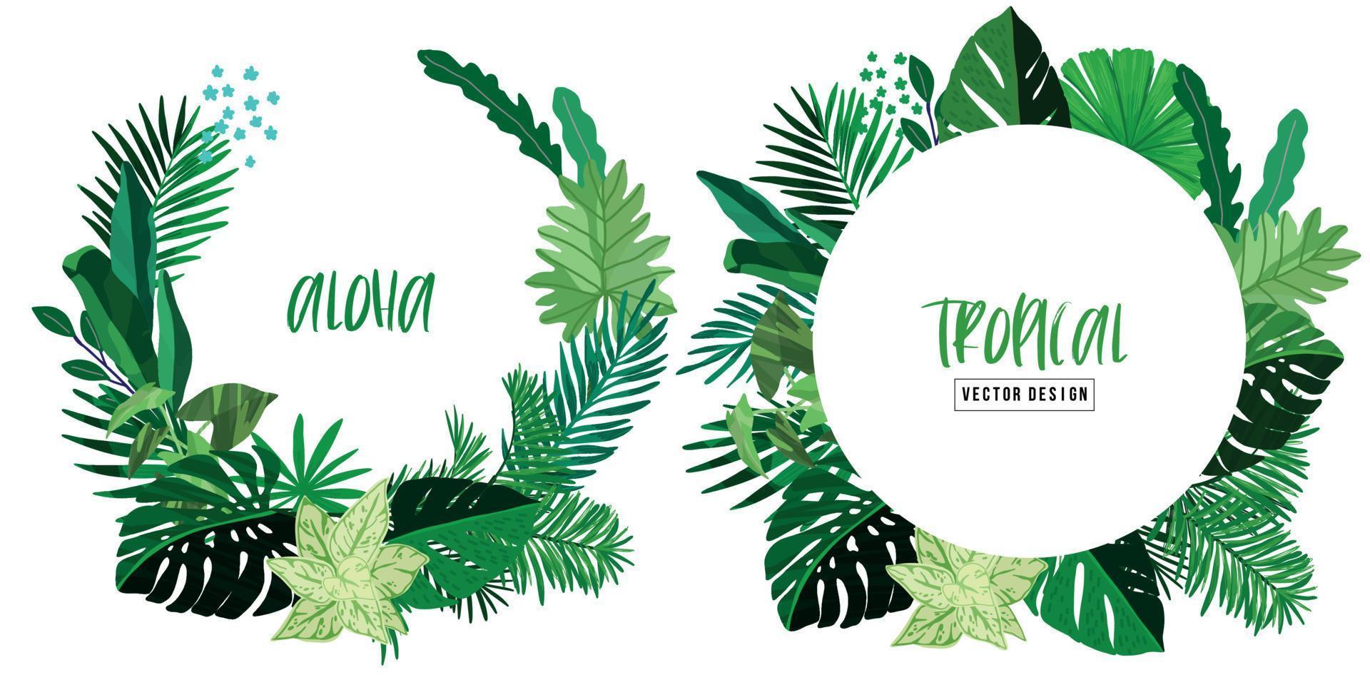 Two round frames. Tropical leaves, hand drawn vector