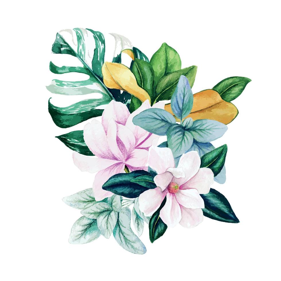 Magnolia and leaves, bright watercolor bouquet with monstera leaves, hand drawn vector illustration