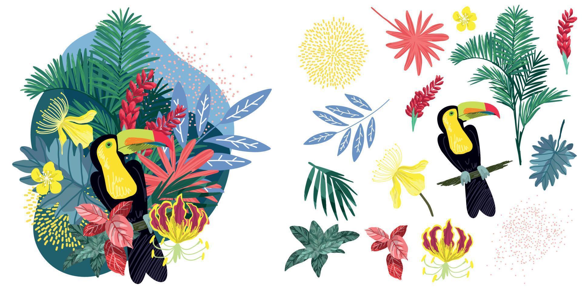 composición tropical con tucán y hojas y flores tropicales, arte vectorial dibujado a mano vector