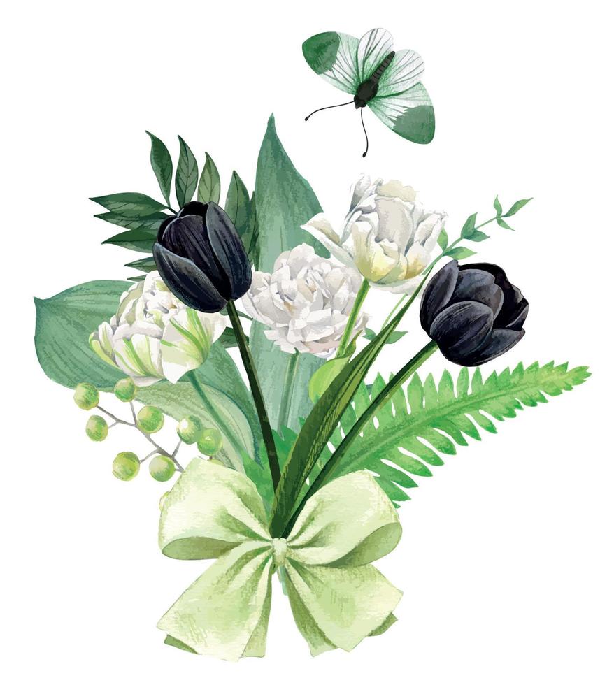 White and black tulips bouquet with green bow, Hand drawn vector watercolor illustration