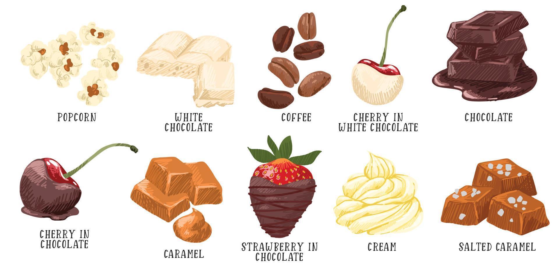 Set of confectionery flavors and sweets, cherry and strawberry vector