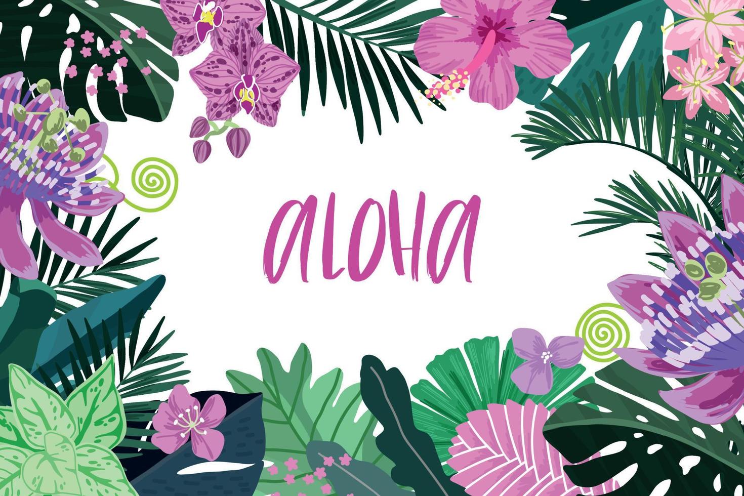 Tropical frame. Tropical leaves and pink tropical flowers vector