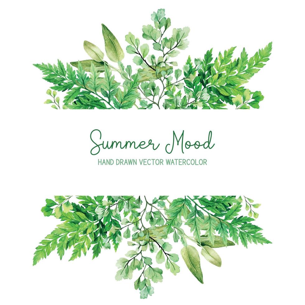 Horizontal stripe banner with watercolor ferns, hand drawn vector illustration