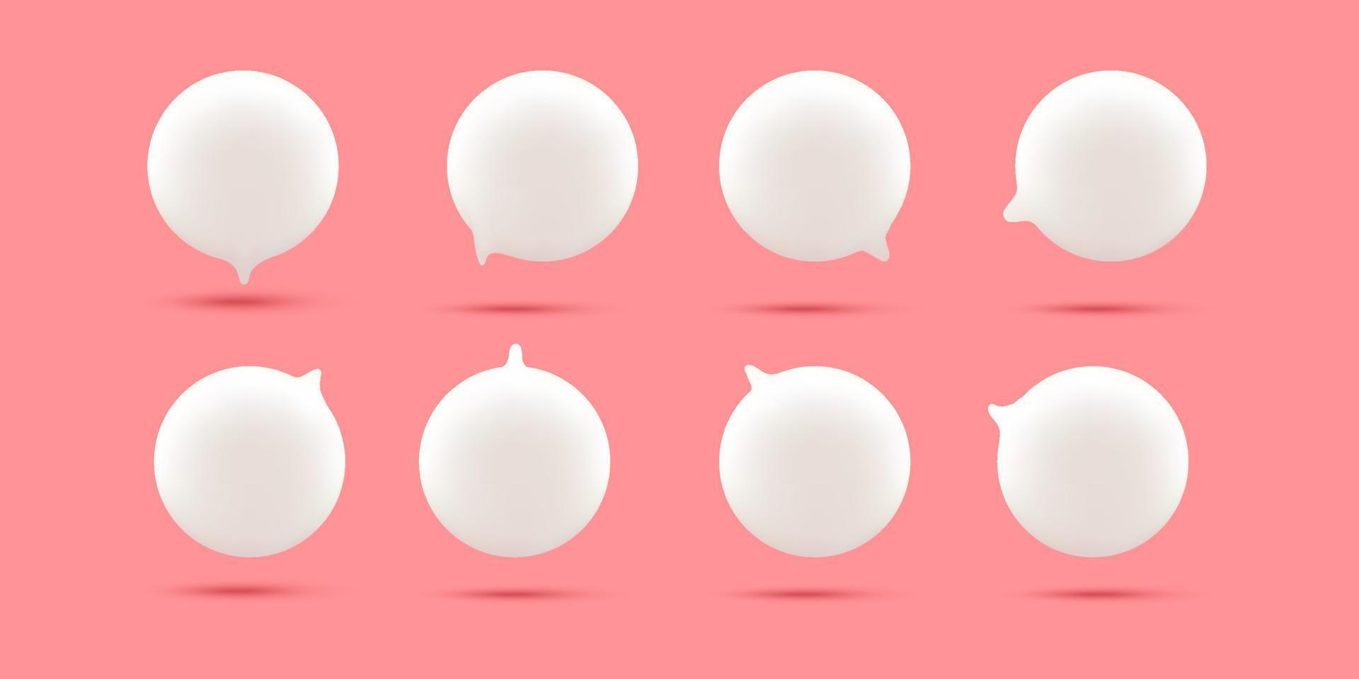 Set of 3D cute white speech bubble icons, isolated on pink pastel background. 3D Chat icon set vector