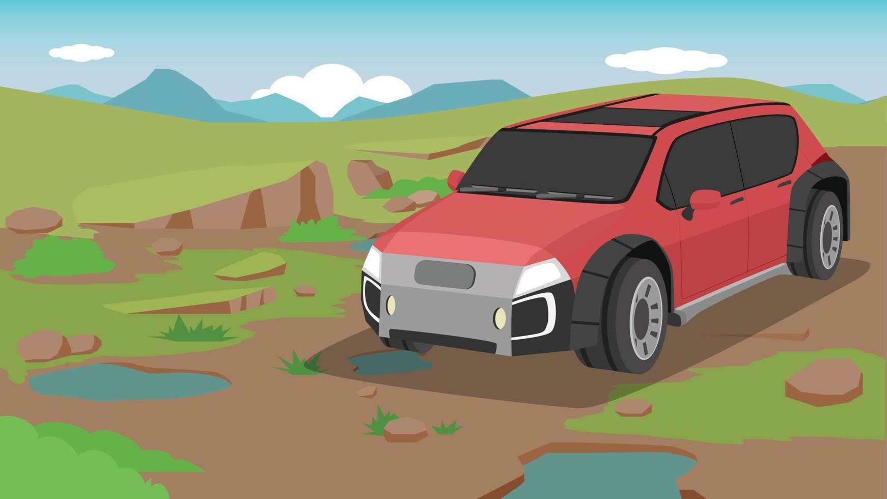 vehículo eléctrico todoterreno coche color rojo en la carretera del suelo. área ecológica y naturaleza de hierba verde e inundaciones con piedra. montaña para el fondo bajo un cielo azul. vector