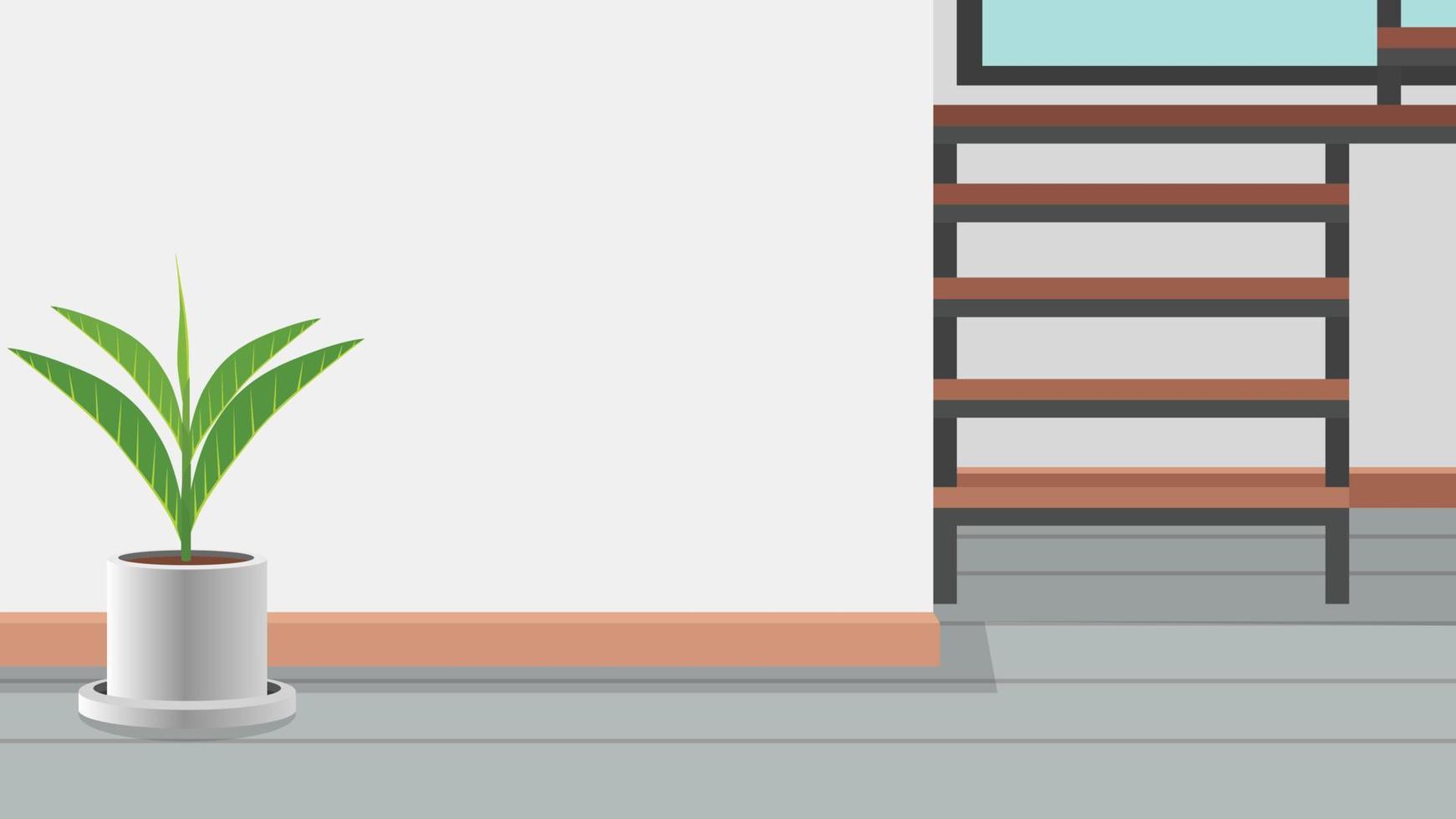 Background of interior design inside house with tree pot on the floor. Steel stairway leading upstairs is on the side. and the empty space of the wall in the middle of the house. vector