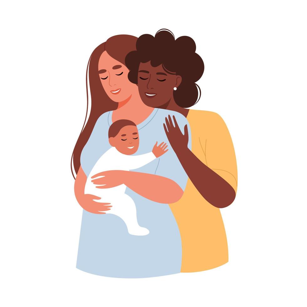 feliz familia lgbt con un bebé recién nacido. pareja de lesbianas concepto de embarazo, familia, maternidad. ilustración vectorial plana. vector