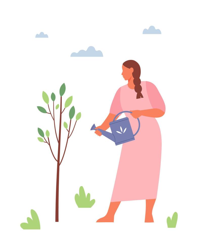 Woman watering tree in the garden. Gardener working. Plant sprout growing and cultivation. Spring gardening concept. Flat vector illustration.
