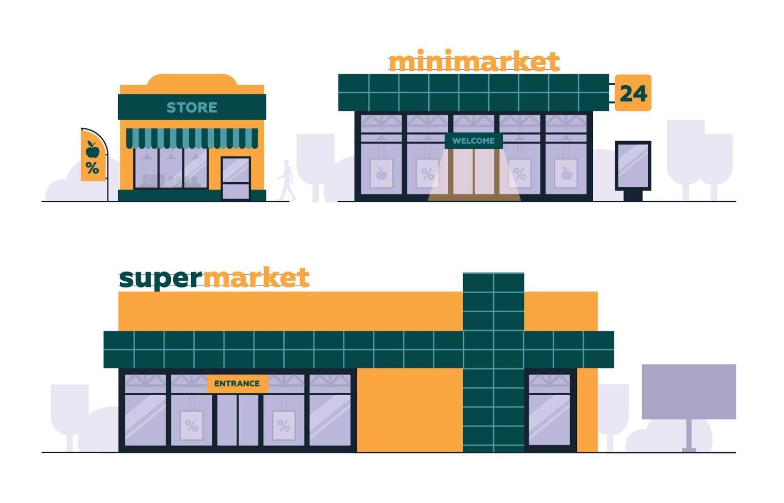 The shops. Architecture. Supermarket, mini market, convenience store. Set of commercial buildings. Vector image.