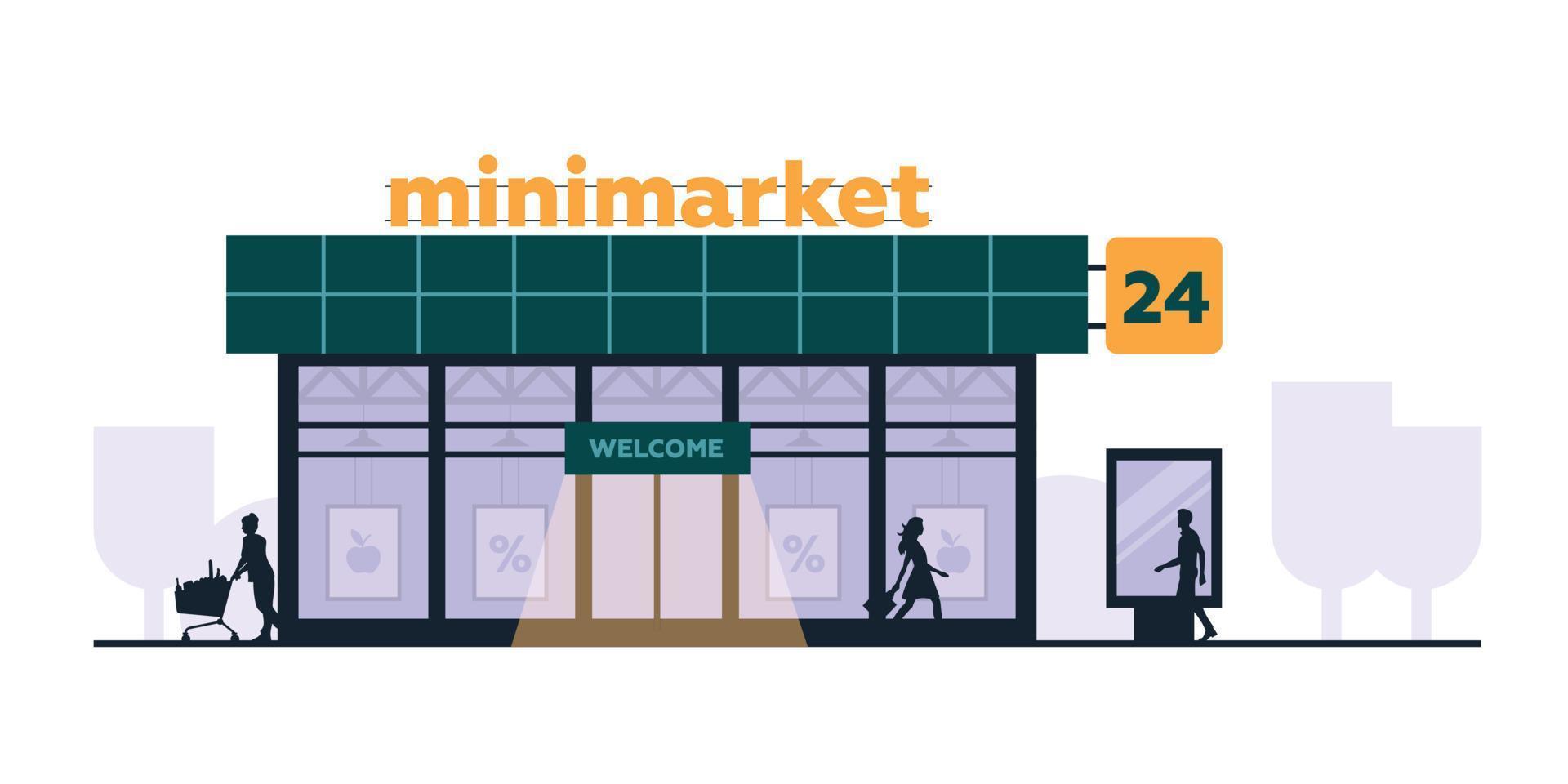 People and shopping. Shop building on the street. Minimarket. Architecture. Vector image.