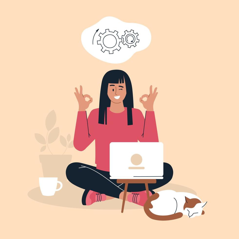 Online work. Girl with a laptop. People and business. The working process. Implementation of the task. Infographics, presentation. Freelancer, work from home. Vector image.