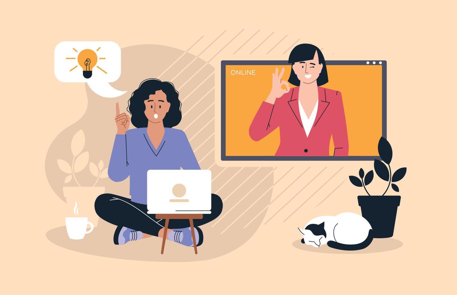 Online work. Girl with a laptop. People and business. The working process. Infographics, presentation. Freelancer, work from home. Vector image.