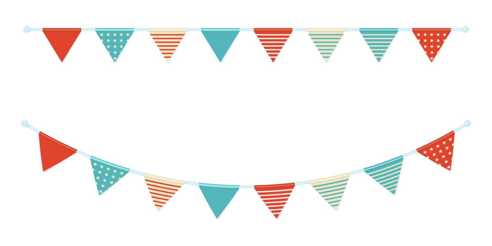 Garland of triangular flags on ribbon in nautical theme. Vector illustration bunting in cartoon style.