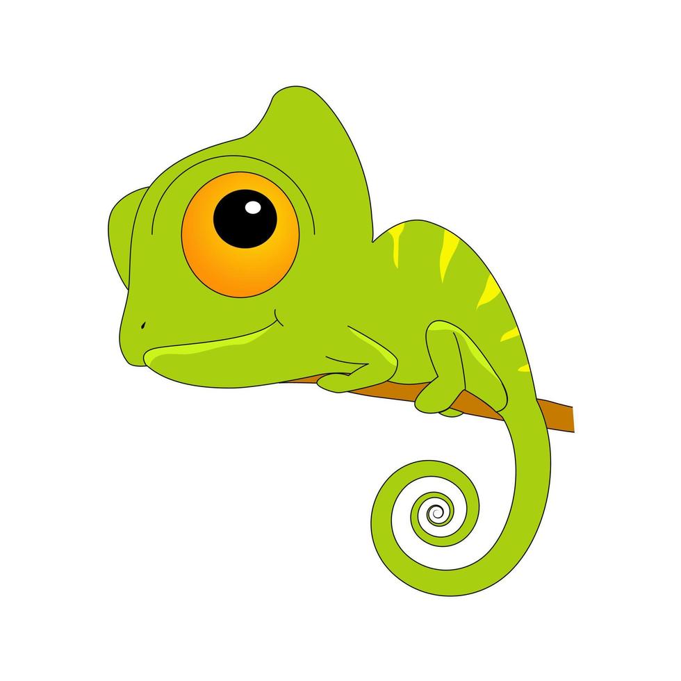 Cute small green chameleon lizard on a branch isolated on white background. Cartoon animal logo or icon design. Vector illustration