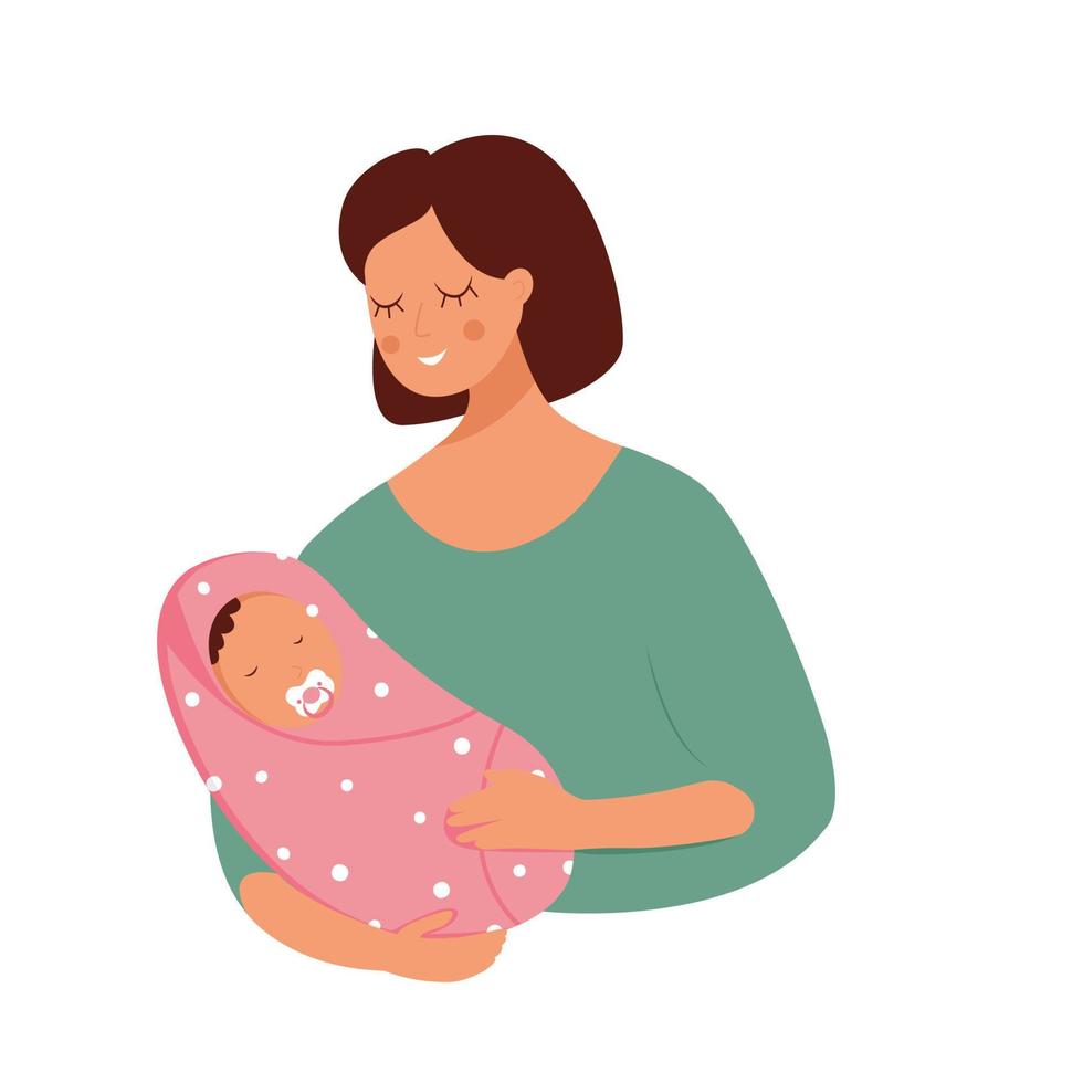 A mother holding a baby in her arms. A baby in a diaper with a pacifier. Vector illustration