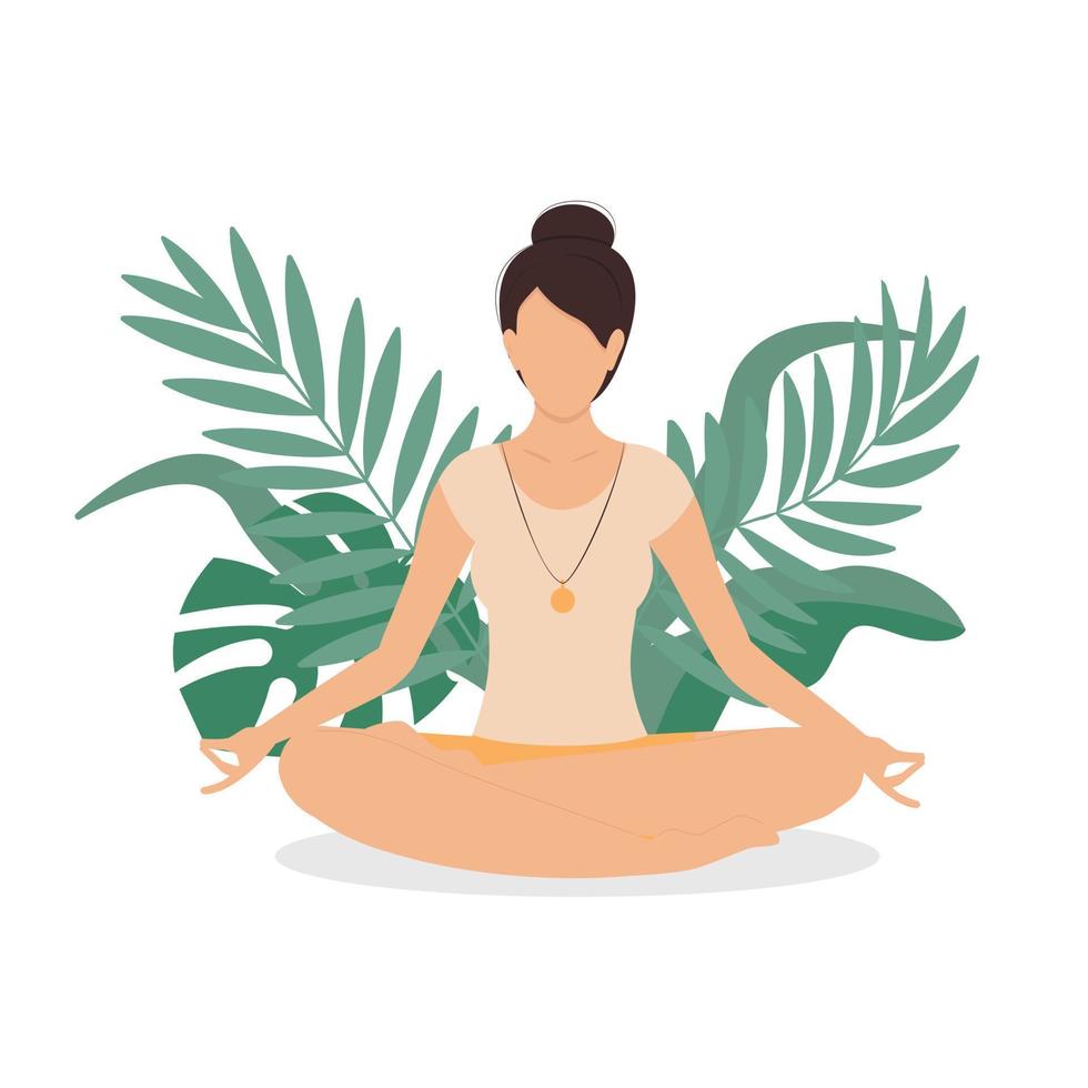 Woman meditating in nature. Beautiful woman of yoga in lotus pose. Illustration for yoga, meditation. Vector illustration