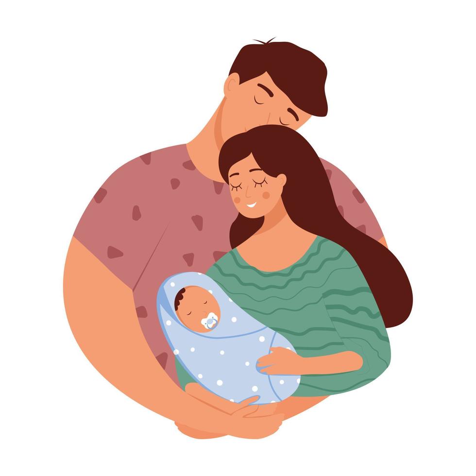 A dad hugging a mom holding their newborn son in her arms. Vector illustration