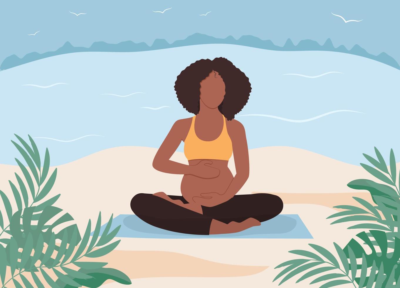 African American pregnant woman meditating in nature, a meditation on the beach. Healthy lifestyle, open-air workout, yoga class. Vector illustration