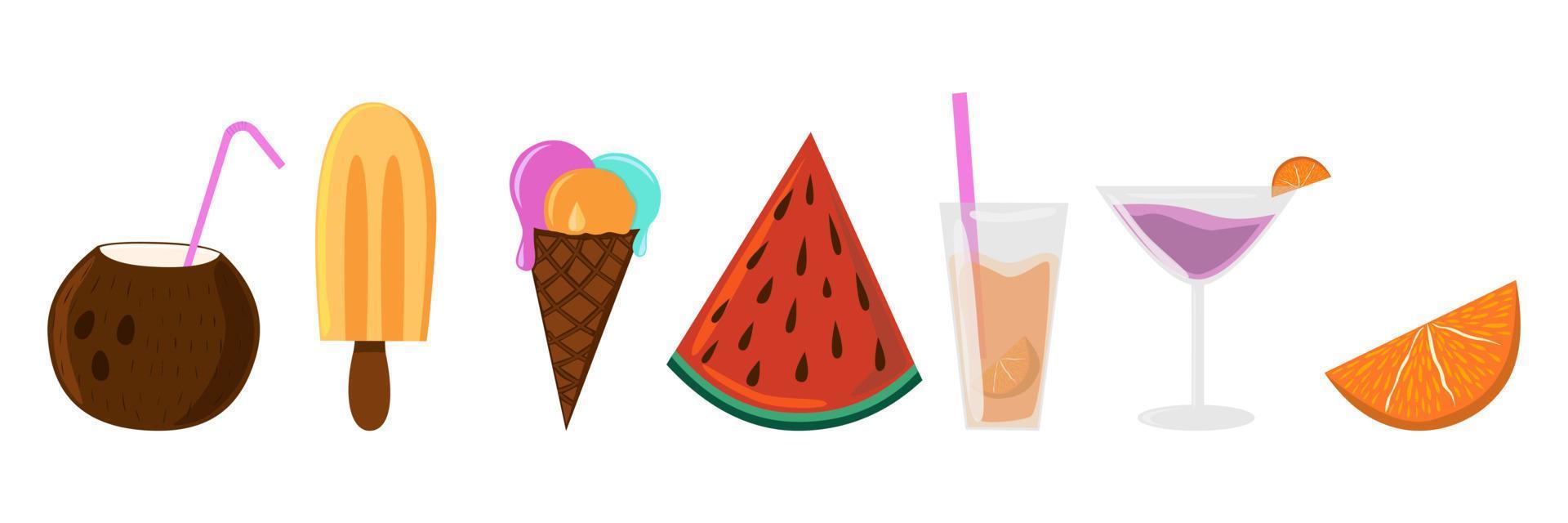 Drinks, fruits and ice cream vector isolated collection
